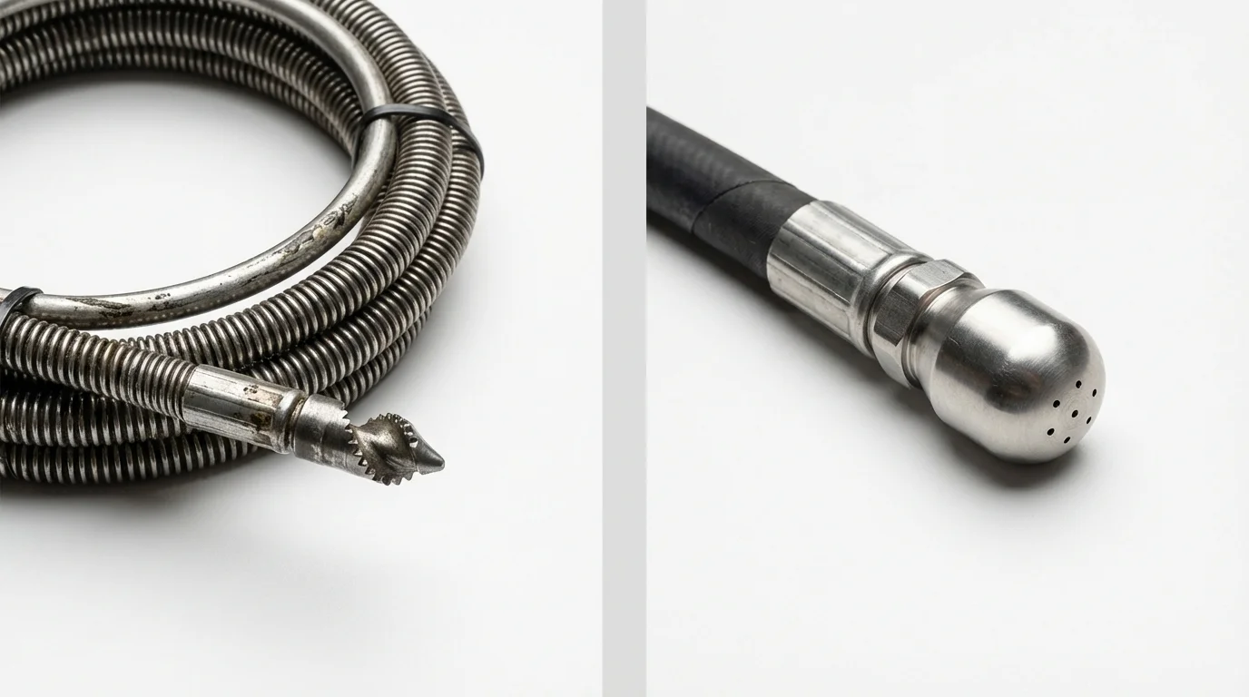 Drain snake cable and hydro jetting nozzle used for drain cleaning in Harlan, IN