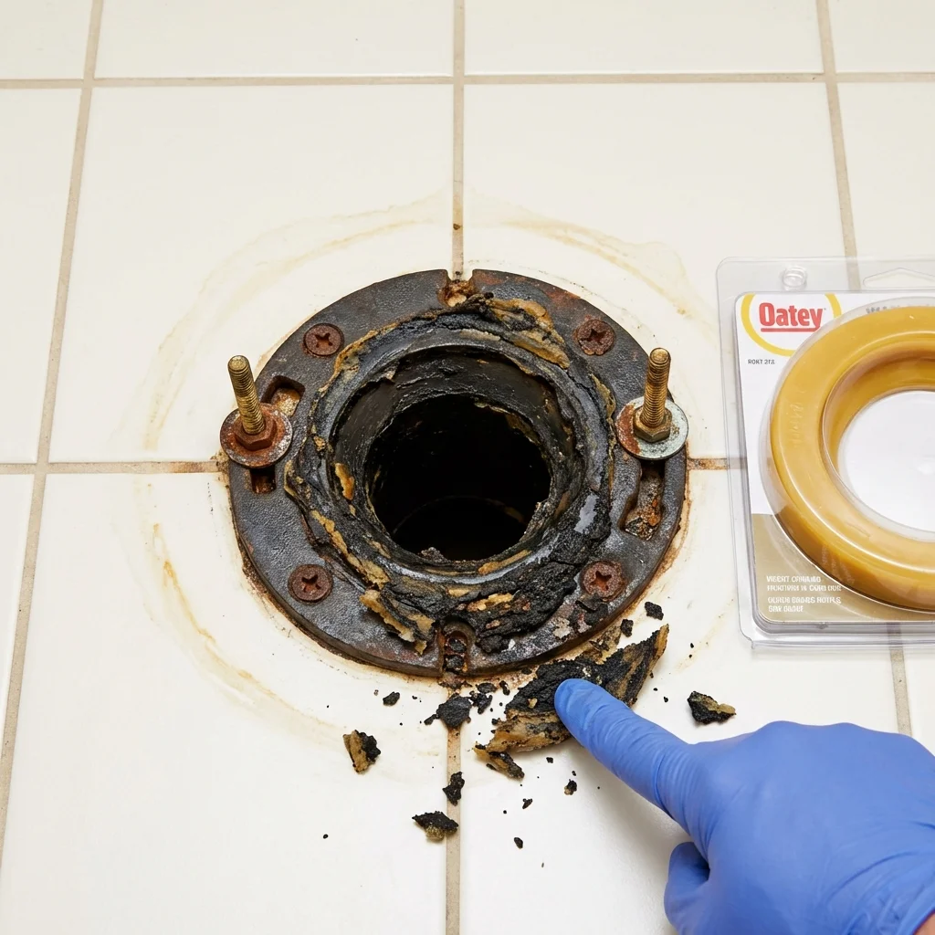 Failed wax ring showing water seepage at the base of a toilet in a Harlan, IN home