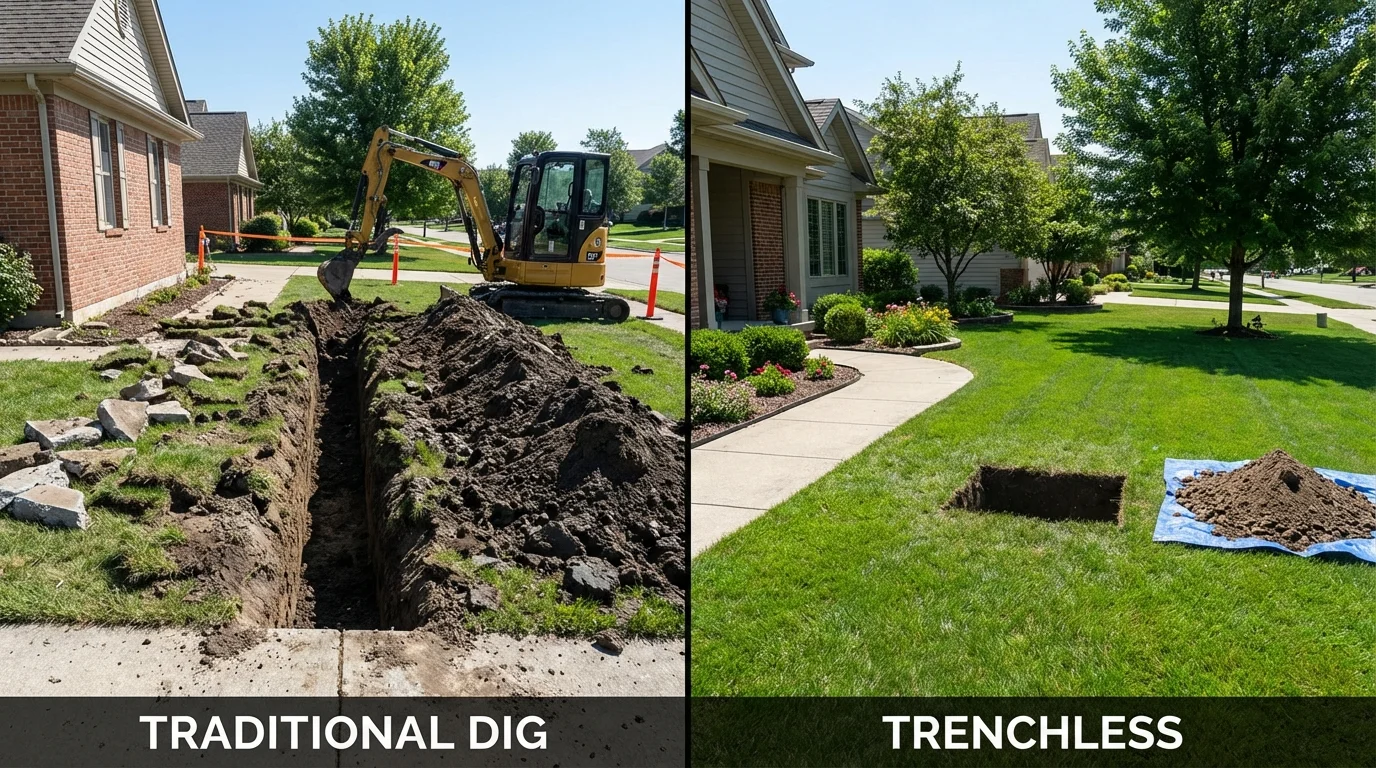 Trenchless sewer repair with minimal yard damage versus traditional excavation in Harlan, IN