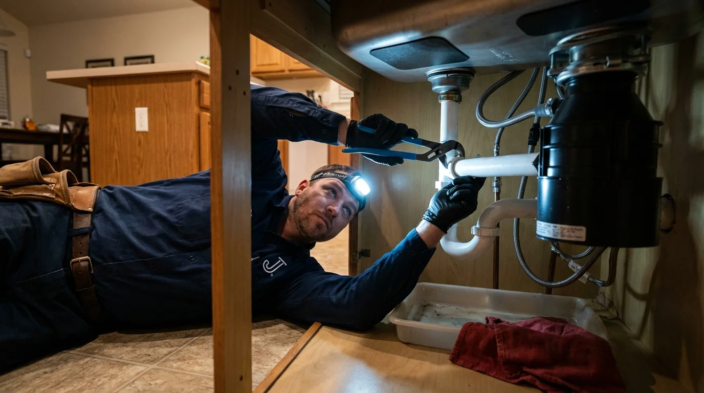 P-trap and supply line connections under a kitchen sink showing a common leak point in Harlan, IN